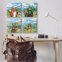 Sumbell Industries Happy Camper Woodland Animal Sainting Gallery Wrapped Canvas Print wallид уметност, сет од 4, дизајн од Пол