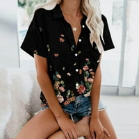 Блузи За Жени Мода Секојдневен Краток Ракав Цвет Печатење Копчиња Ревер Кошула Блуза XL