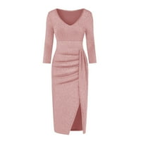 Женска Мода Со Средна Должина Цврста Обвивка Со Долги Ракави V-Врат Летен Фустан Розова 2XL