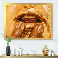 DesignArt 'Затвори на женски усни со светла златна шминка I модерна врамена уметничка принт