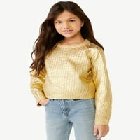 Металик џемпер на лажичка со девојки со блузонски ракави, големини 4-12