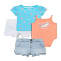 Облека за девојчиња Garanimals Baby Girls Bodysuits & Shorts, сет од 4 парчиња