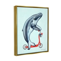 Tupleple Industries Кит Возење црвен скутер морски морски животни графички уметности металик злато лебдечки врамени платно печатење